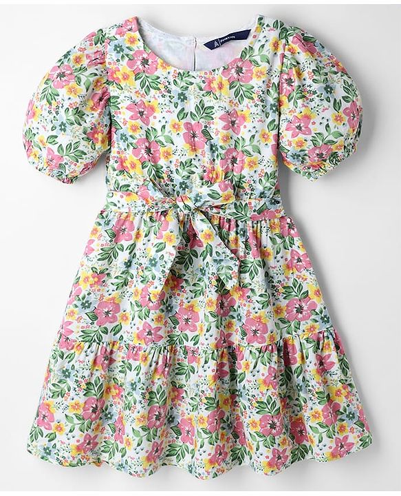 Pine Kids Woven Half Sleeves Floral Printed Frock - White