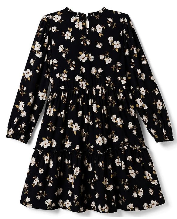 Pine Kids Woven Full Sleeves Floral Printed Tiered Frock - Black