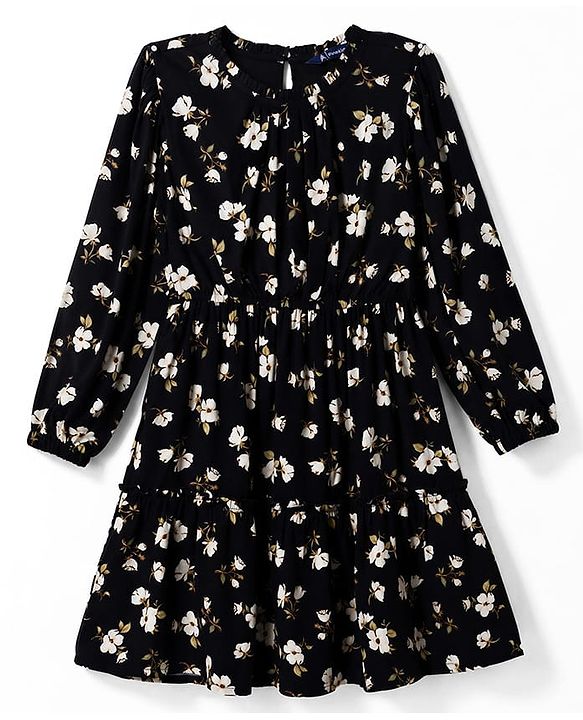Pine Kids Woven Full Sleeves Floral Printed Tiered Frock - Black