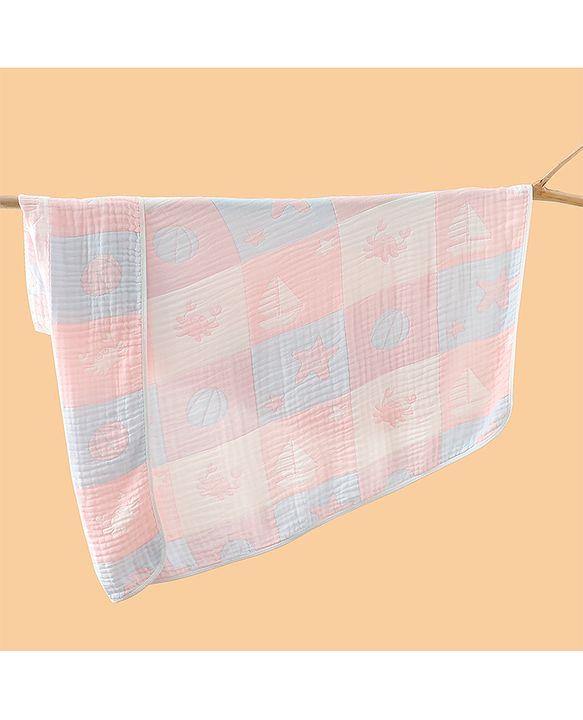Babyhug 6 Layer 100% Cotton Baby Blanket - Blue & Pink| All-Season Lightweight Blanket| Soft & Breathable| Gentle on Baby's Skin| Unisex Baby Bedding Essential| Machine Washable| New Born Gifting
