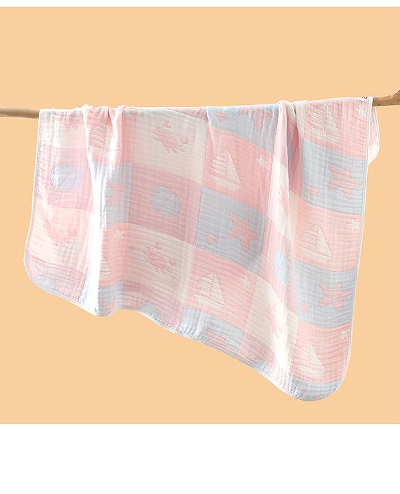 Babyhug 6 Layer 100% Cotton Baby Blanket - Blue & Pink| All-Season Lightweight Blanket| Soft & Breathable| Gentle on Baby's Skin| Unisex Baby Bedding Essential| Machine Washable| New Born Gifting