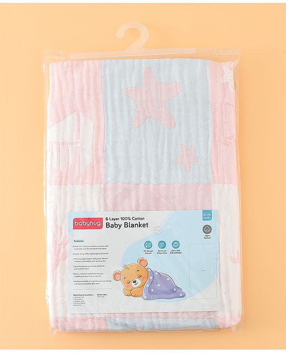 Babyhug 6 Layer 100% Cotton Baby Blanket - Blue & Pink| All-Season Lightweight Blanket| Soft & Breathable| Gentle on Baby's Skin| Unisex Baby Bedding Essential| Machine Washable| New Born Gifting