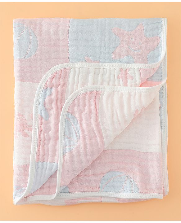 Babyhug 6 Layer 100% Cotton Baby Blanket - Blue & Pink| All-Season Lightweight Blanket| Soft & Breathable| Gentle on Baby's Skin| Unisex Baby Bedding Essential| Machine Washable| New Born Gifting