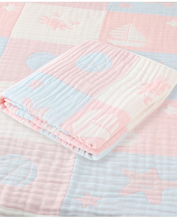 Babyhug 6 Layer 100% Cotton Baby Blanket - Blue & Pink| All-Season Lightweight Blanket| Soft & Breathable| Gentle on Baby's Skin| Unisex Baby Bedding Essential| Machine Washable| New Born Gifting