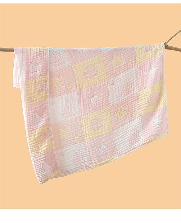 Babyhug 6 Layer 100% Cotton Baby Blanket - Blue & Pink| All-Season Lightweight Blanket| Soft & Breathable| Gentle on Baby's Skin| Unisex Baby Bedding Essential| Machine Washable| New Born Gifting