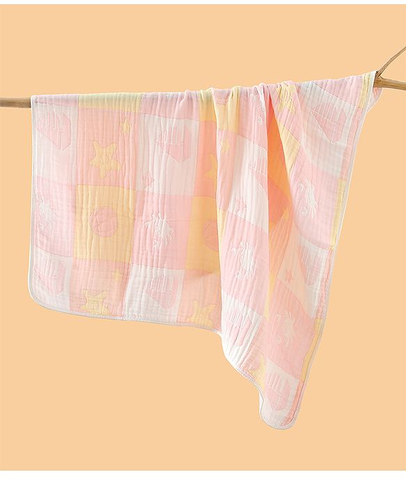 Babyhug 6 Layer 100% Cotton Baby Blanket - Blue & Pink| All-Season Lightweight Blanket| Soft & Breathable| Gentle on Baby's Skin| Unisex Baby Bedding Essential| Machine Washable| New Born Gifting
