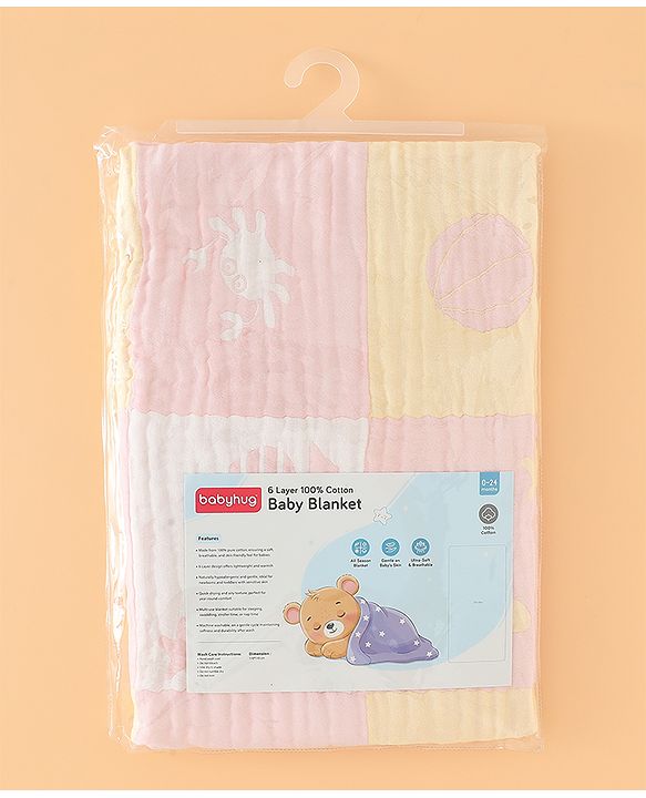 Babyhug 6 Layer 100% Cotton Baby Blanket - Blue & Pink| All-Season Lightweight Blanket| Soft & Breathable| Gentle on Baby's Skin| Unisex Baby Bedding Essential| Machine Washable| New Born Gifting