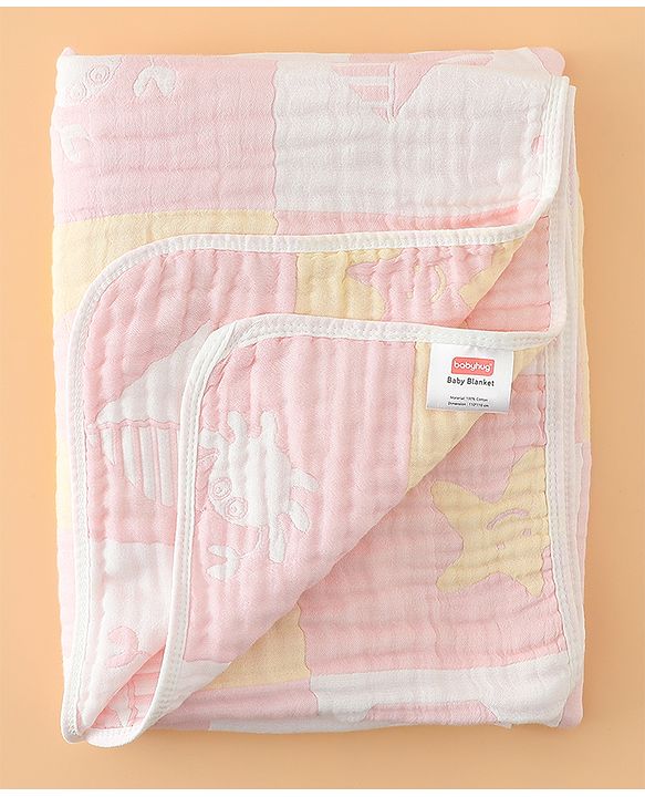 Babyhug 6 Layer 100% Cotton Baby Blanket - Blue & Pink| All-Season Lightweight Blanket| Soft & Breathable| Gentle on Baby's Skin| Unisex Baby Bedding Essential| Machine Washable| New Born Gifting
