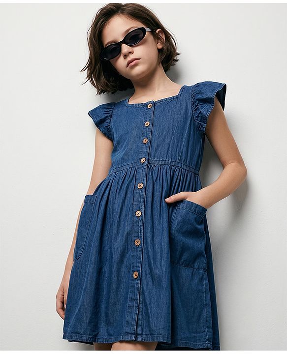 Pine Kids Cotton Woven Half Sleeves Frock With Side Pockets - Navy Blue
