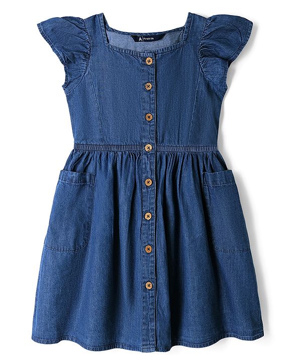 Pine Kids Cotton Woven Half Sleeves Frock With Side Pockets - Navy Blue