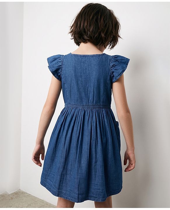 Pine Kids Cotton Woven Half Sleeves Frock With Side Pockets - Navy Blue