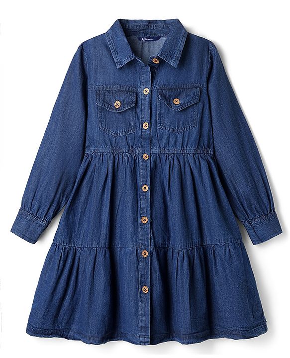Pine Kids Cotton Woven Dress with Full Sleeves in Navy Blue