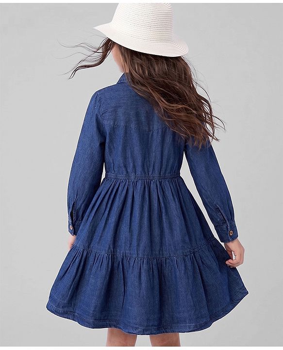 Pine Kids Cotton Woven Dress with Full Sleeves in Navy Blue
