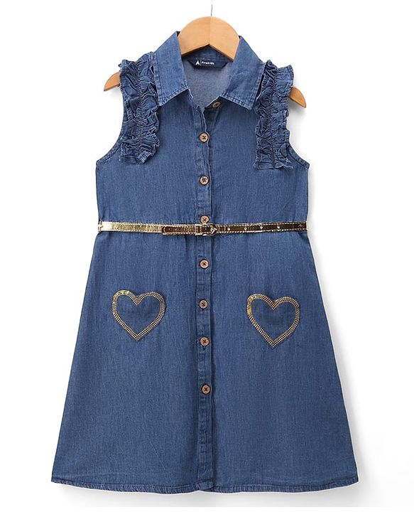 Pine Kids Cotton Woven Sleeveless Shirt Dress & Belt with Hearts Print - Navy Blue