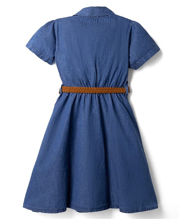 Pine Kids Denim Shirt Style Frock and Belt with Half Sleeves - Navy Blue