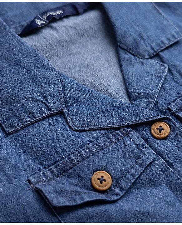 Pine Kids Denim Shirt Style Frock and Belt with Half Sleeves - Navy Blue