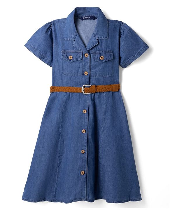 Pine Kids Denim Shirt Style Frock and Belt with Half Sleeves - Navy Blue