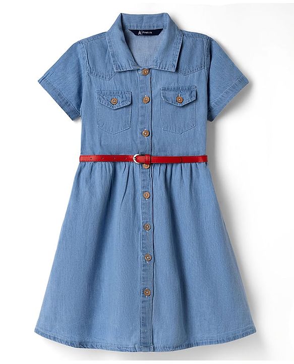 Pine Kids Cotton Woven Half Sleeves Solid Colour Shirt Dress with Belt - Light Blue