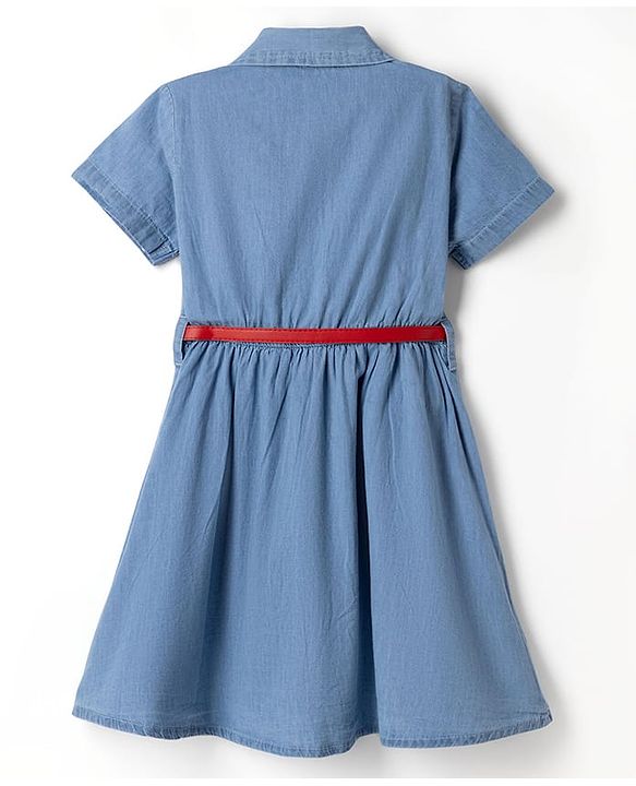 Pine Kids Cotton Woven Half Sleeves Solid Colour Shirt Dress with Belt - Light Blue