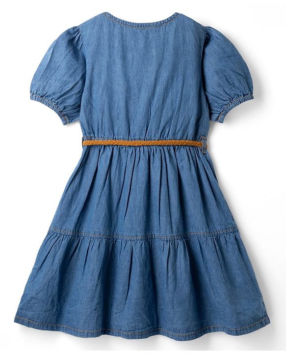 Pine Kids Cotton Woven Half Puffed Sleeves Pin Tucked Tired Dress With Belt - Navy Blue