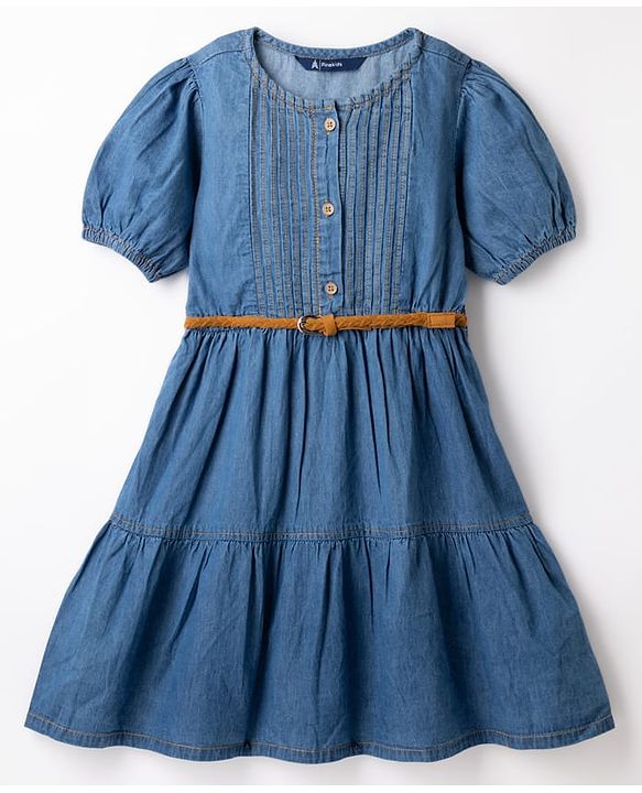 Pine Kids Cotton Woven Half Puffed Sleeves Pin Tucked Tired Dress With Belt - Navy Blue