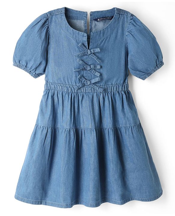 Pine Kids Cotton Woven Dress with Half Sleeves and Bow Detailing - Navy Blue