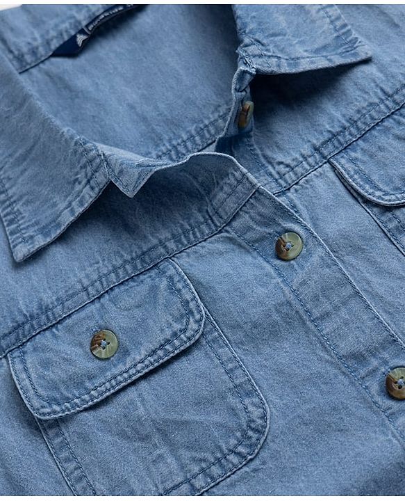 Pine Kids 100% Cotton Woven Denim Shirt Dress with Half Sleeves & Belt - Navy Blue