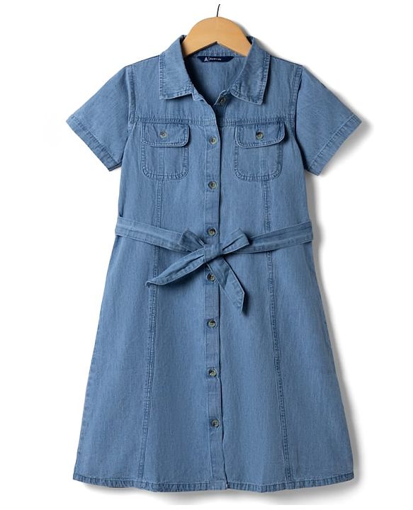 Pine Kids 100% Cotton Woven Denim Shirt Dress with Half Sleeves & Belt - Navy Blue
