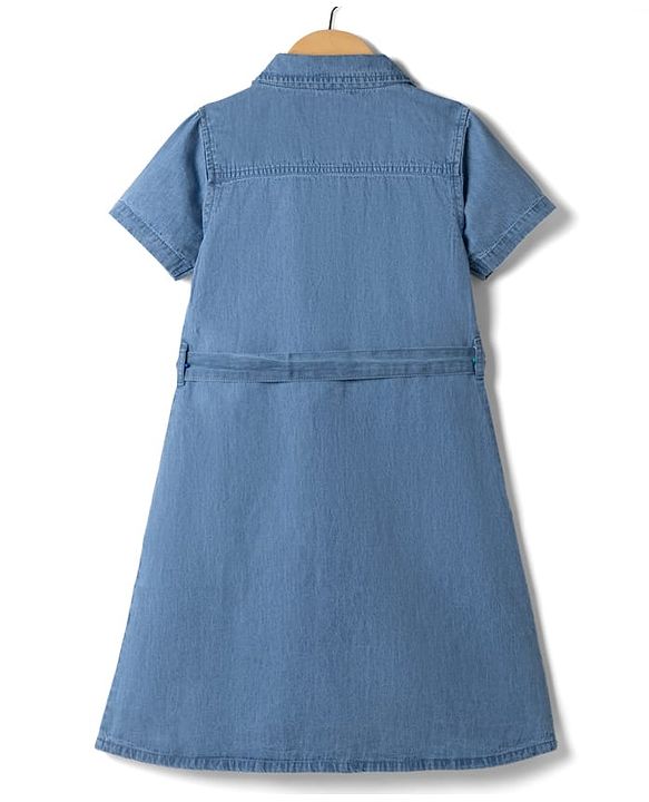 Pine Kids 100% Cotton Woven Denim Shirt Dress with Half Sleeves & Belt - Navy Blue