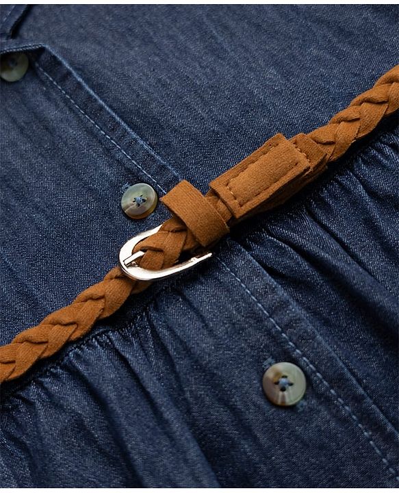 Pine Kids 100% Cotton Woven Front Open Collared Denim One Piece with Half Sleeves and Belt - Navy Blue