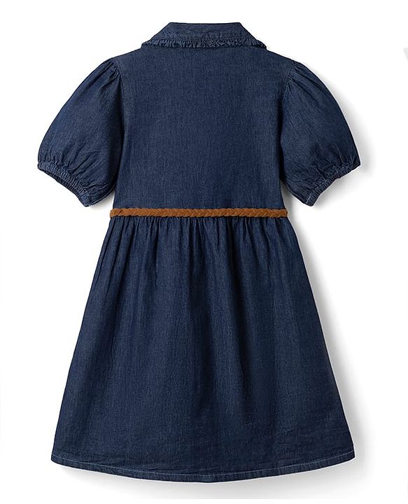 Pine Kids 100% Cotton Woven Front Open Collared Denim One Piece with Half Sleeves and Belt - Navy Blue