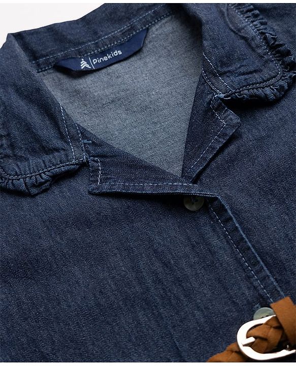 Pine Kids 100% Cotton Woven Front Open Collared Denim One Piece with Half Sleeves and Belt - Navy Blue