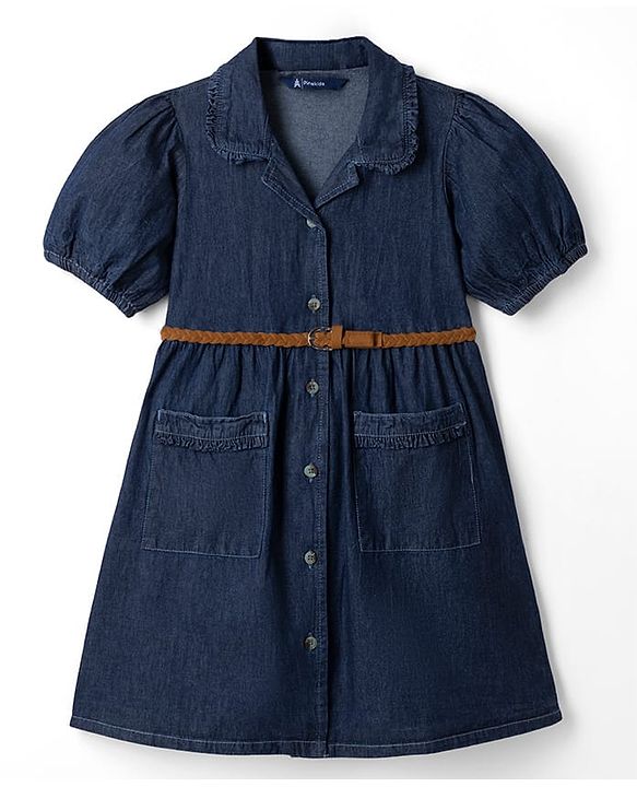 Pine Kids 100% Cotton Woven Front Open Collared Denim One Piece with Half Sleeves and Belt - Navy Blue