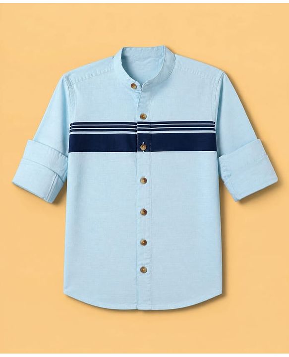 Pine Kids 100% Cotton Woven Full Sleeves Solid Shirt WIth Stripes - Sky Blue