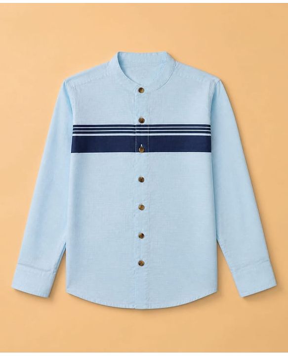 Pine Kids 100% Cotton Woven Full Sleeves Solid Shirt WIth Stripes - Sky Blue