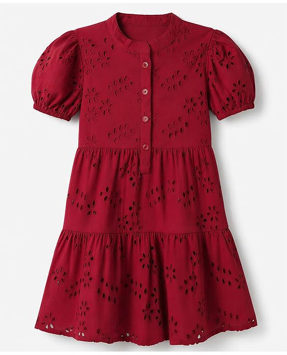Pine Kids Woven Half Sleeves One Piece Dress with Floral Embroidery - Red