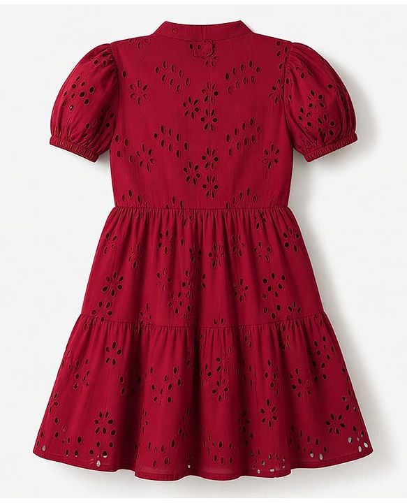 Pine Kids Woven Half Sleeves One Piece Dress with Floral Embroidery - Red