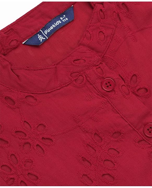 Pine Kids Woven Half Sleeves One Piece Dress with Floral Embroidery - Red