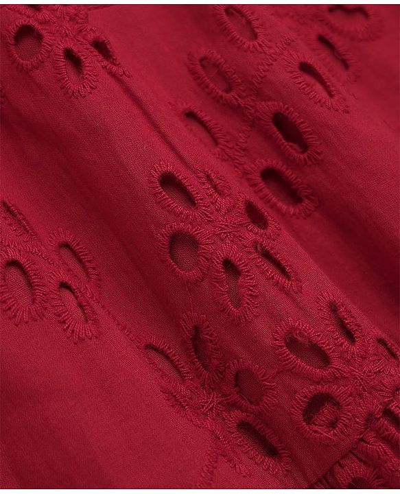 Pine Kids Woven Half Sleeves One Piece Dress with Floral Embroidery - Red
