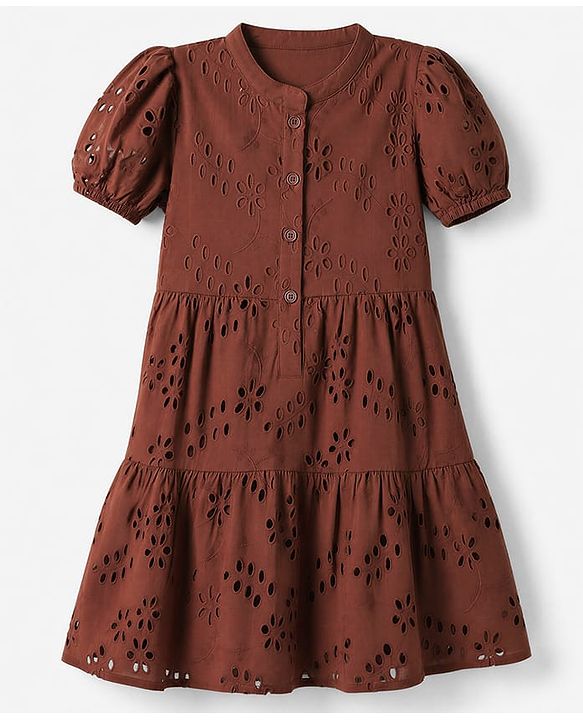 Pine Kids Woven Half Sleeves Dress with Floral Embroidery - Brown