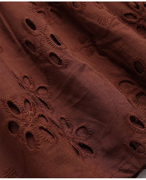 Pine Kids Woven Half Sleeves Dress with Floral Embroidery - Brown