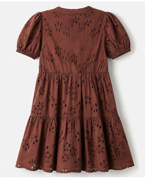 Pine Kids Woven Half Sleeves Dress with Floral Embroidery - Brown
