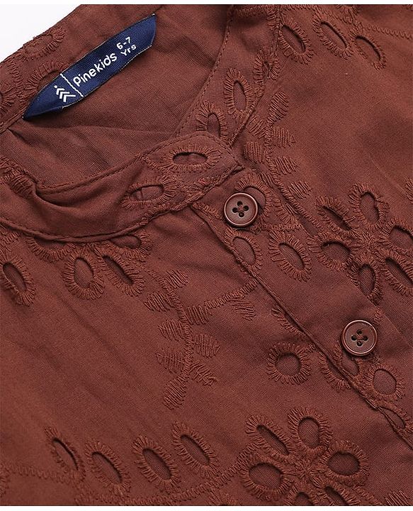 Pine Kids Woven Half Sleeves Dress with Floral Embroidery - Brown