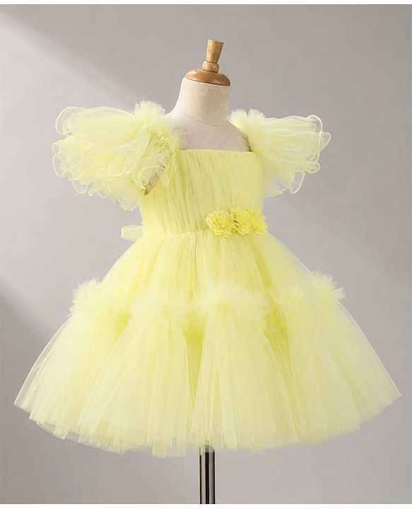 Babyhug Mesh Woven Half Sleeves Solid Party Dress With Corsage - Yellow