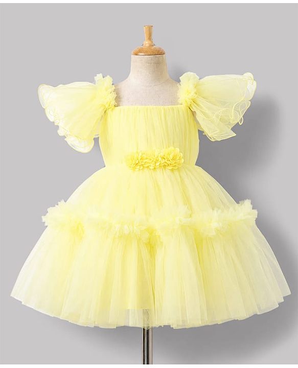 Babyhug Mesh Woven Half Sleeves Solid Party Dress With Corsage - Yellow