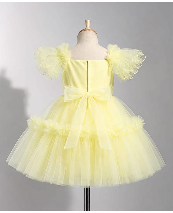 Babyhug Mesh Woven Half Sleeves Solid Party Dress With Corsage - Yellow