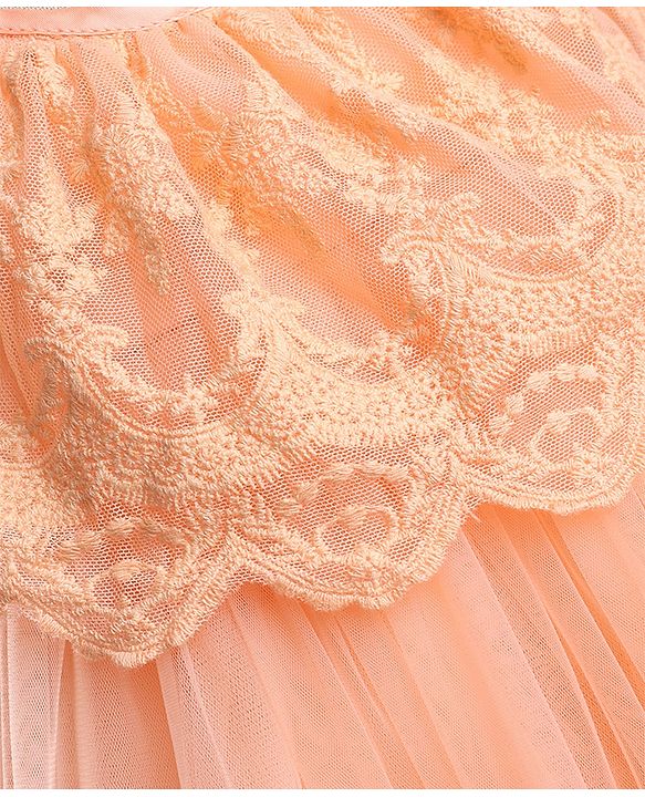 Babyhug Mesh Woven Sleeveless Layered Party Dress With Embroidery - Peach