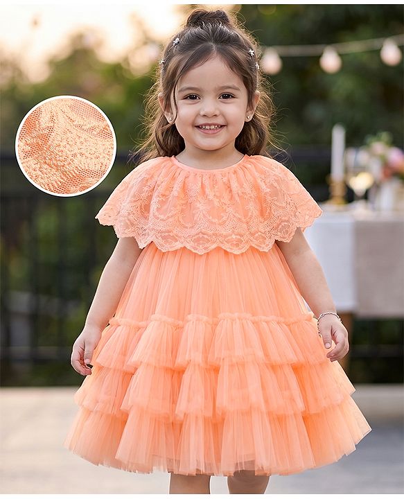 Babyhug Mesh Woven Sleeveless Layered Party Dress With Embroidery - Peach