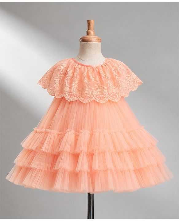 Babyhug Mesh Woven Sleeveless Layered Party Dress With Embroidery - Peach