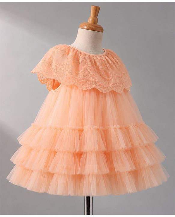 Babyhug Mesh Woven Sleeveless Layered Party Dress With Embroidery - Peach